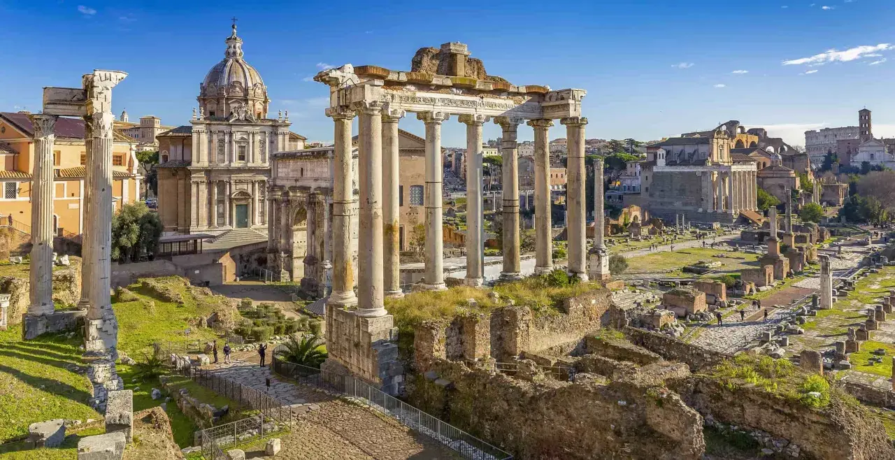 Ancient ruins of the Roman Forum, a stunning sight on a journey from Orvieto to Rome.