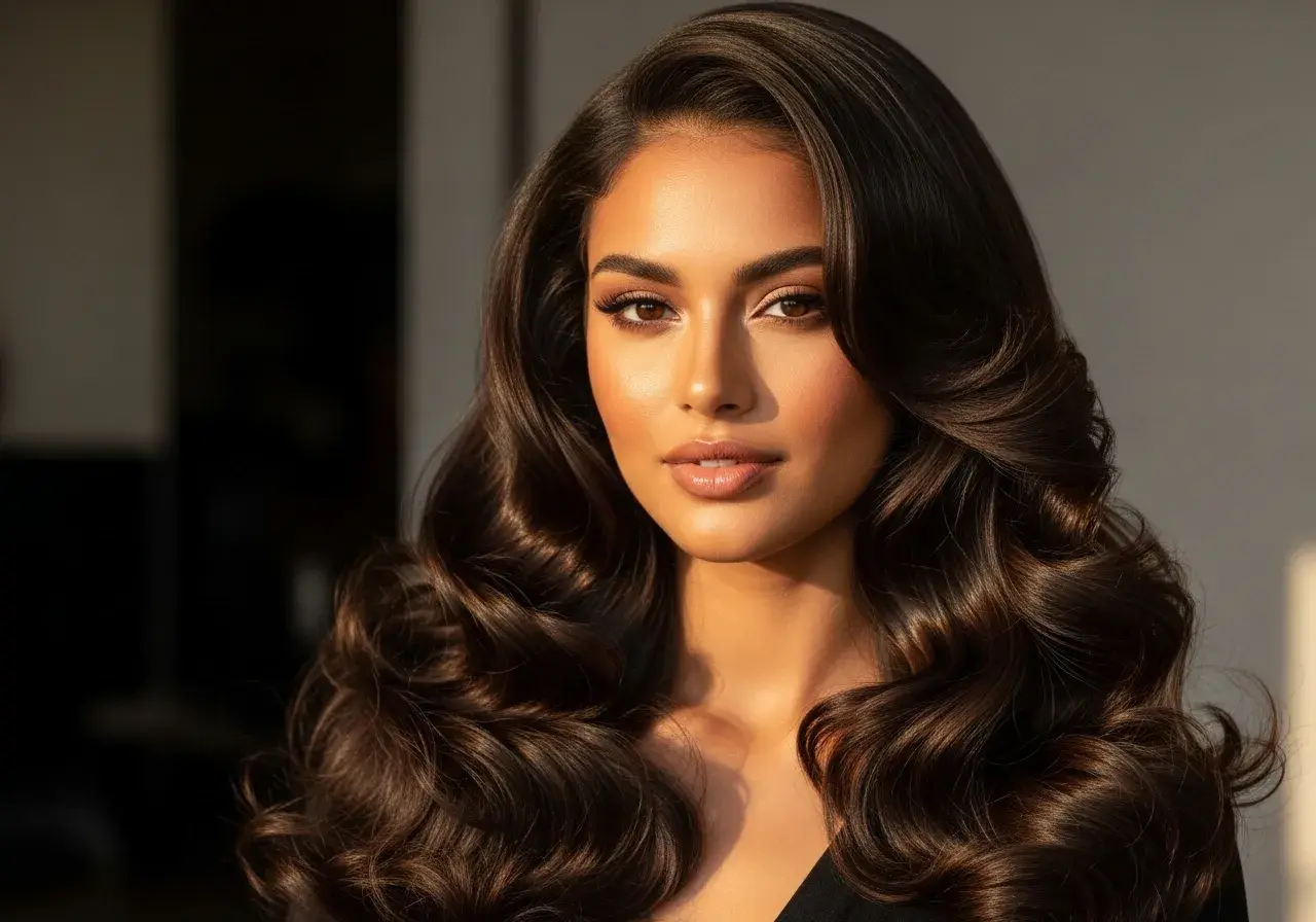 En kvinna med glänsande, mörka lockar som ramar in ansiktet. Solens strålar framhäver hennes vackra hår, perfekt för att få lockar att hålla.