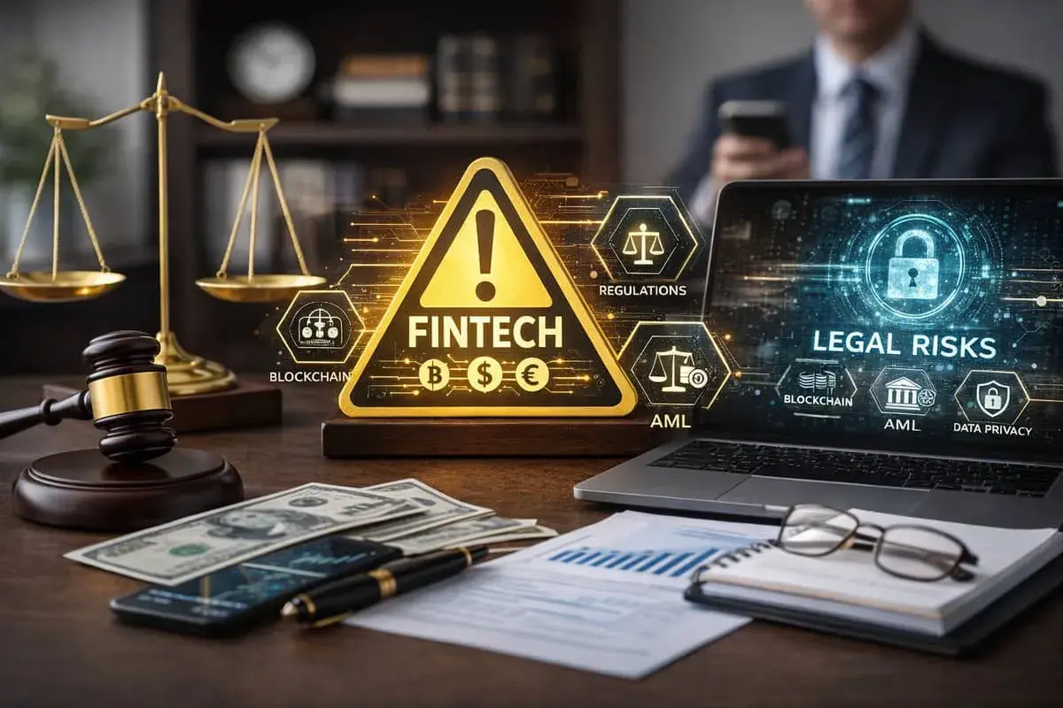 Balanza de justicia, martillo, dinero y portátil con "Legal Risks" y "Fintech". Un contrato de gestión en el mundo digital.