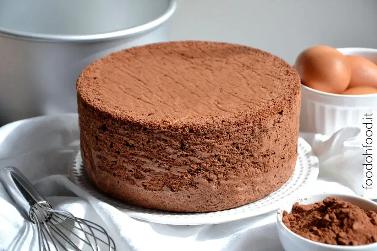 Un soffice pan di spagna al cacao, pronto per essere farcito. Ingredienti freschi come uova e cacao in polvere completano la scena.