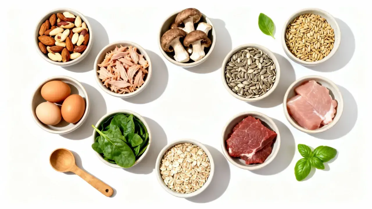 Schüsseln mit Mandeln, Thunfisch, Pilzen, Sonnenblumenkernen, Haferflocken, rotem Fleisch, Schweinefleisch, Spinat, Eiern und Getreide. Diese Lebensmittel sind reich an Selen.