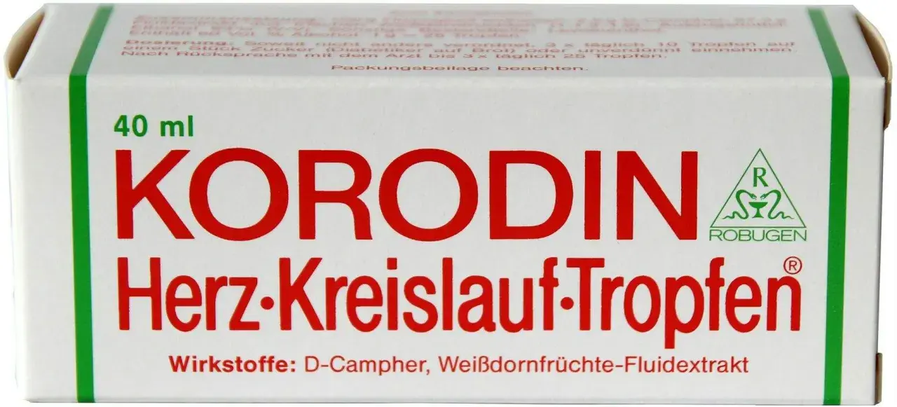 Korodin Herz-Kreislauf-Tropfen, 40 ml. Für das Herz und den Kreislauf. Enthält D-Campher und Weißdornfrüchte-Fluidextrakt.