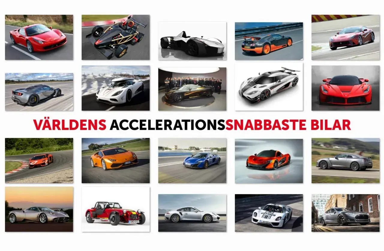 Bilden visar en samling supersnabba bilar, inklusive en röd Ferrari och en vit Koenigsegg. Dessa är exempel på bilar som kan sätta hastighetsrekord.