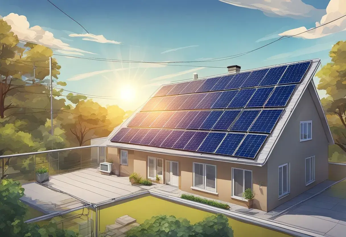 Solceller på taket av ett hus, redo för ett produktionsavtal solceller. Solen skiner starkt.