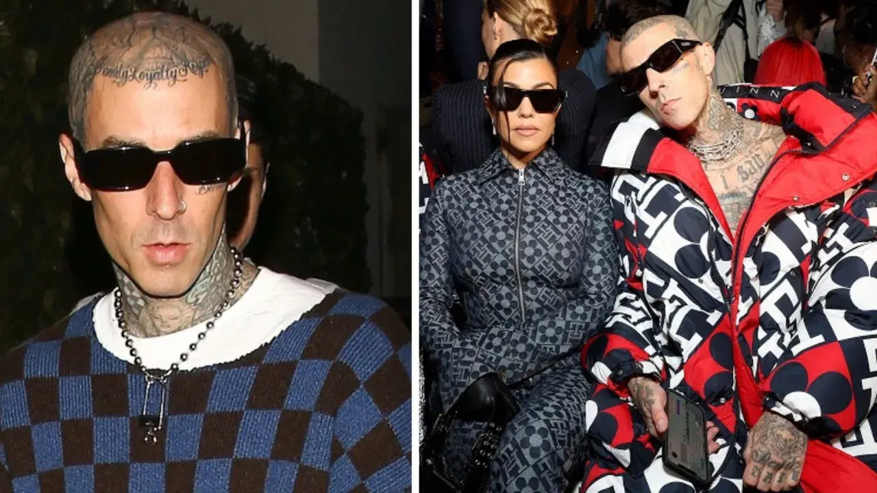 Travis Barker, znany z zespołu, w okularach i z tatuażami na głowie i szyi, obok Kourtney Kardashian.