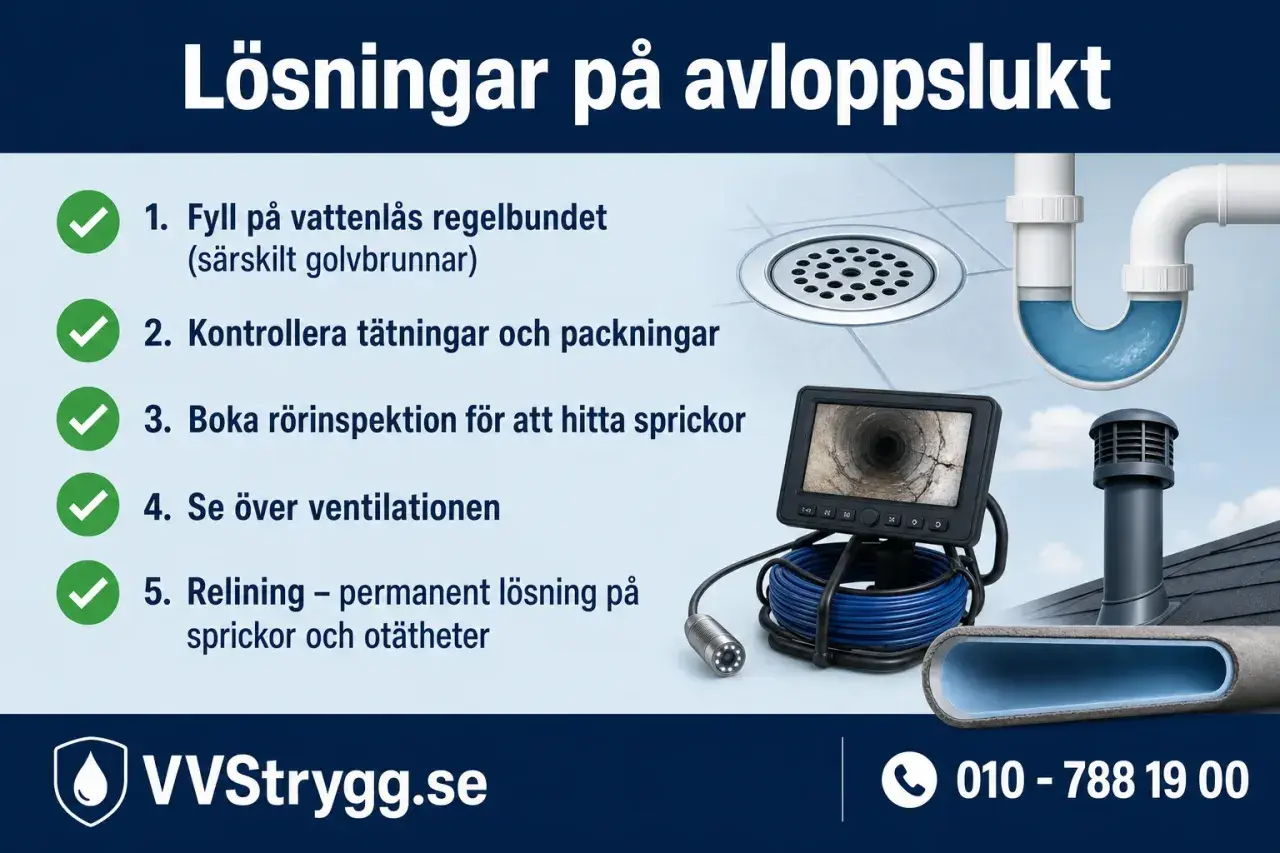Hjälp att lösa problem med avloppslukt i huset. Bilden visar lösningar som att fylla på vattenlås, kontrollera tätningar, rörinspektion, ventilation och relining.