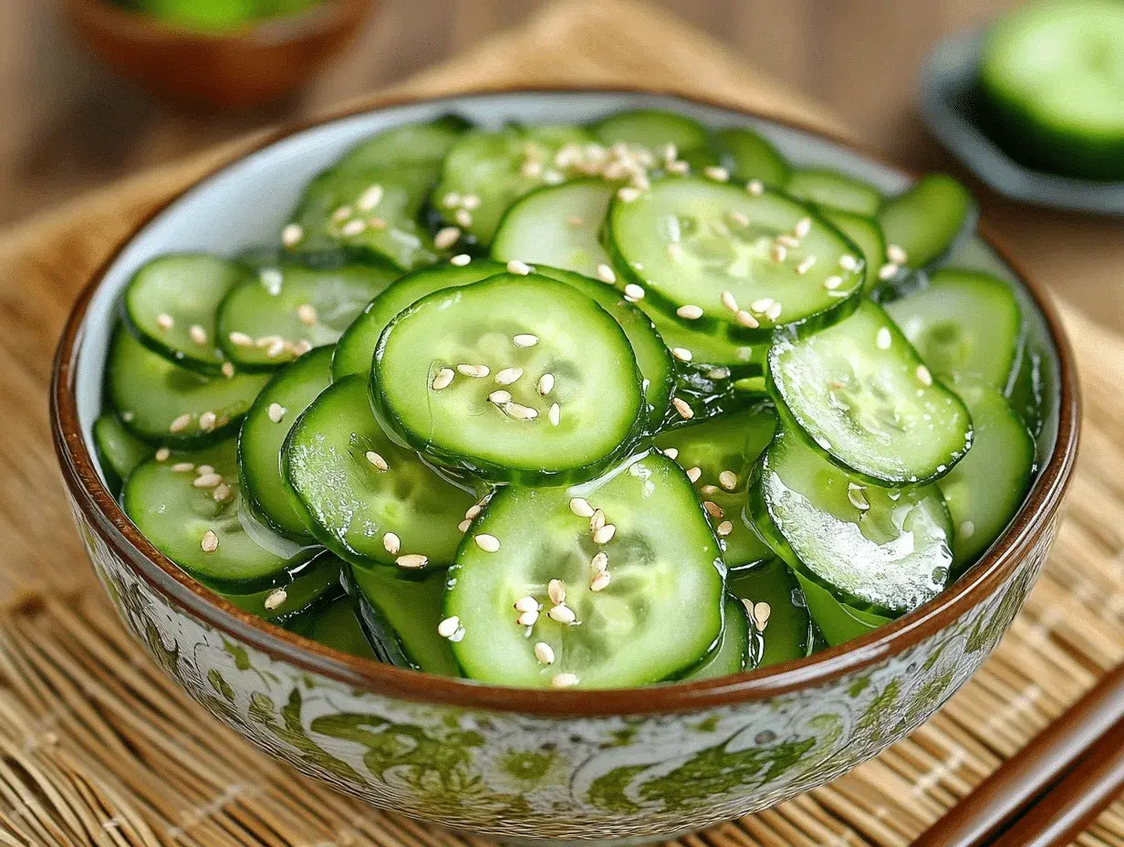 A refreshing bowl of Japanese cucumber salad, thinly sliced cucumbers glistening with a light dressing and sprinkled with sesame seeds.