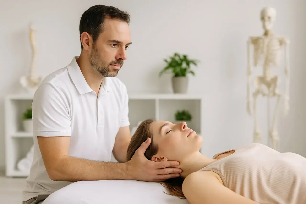 Ein Osteopath behandelt eine Frau am Kopf. Im Hintergrund sind ein Skelett und eine Wirbelsäule zu sehen. Osteopathie sinnvoll für ganzheitliche Behandlung.