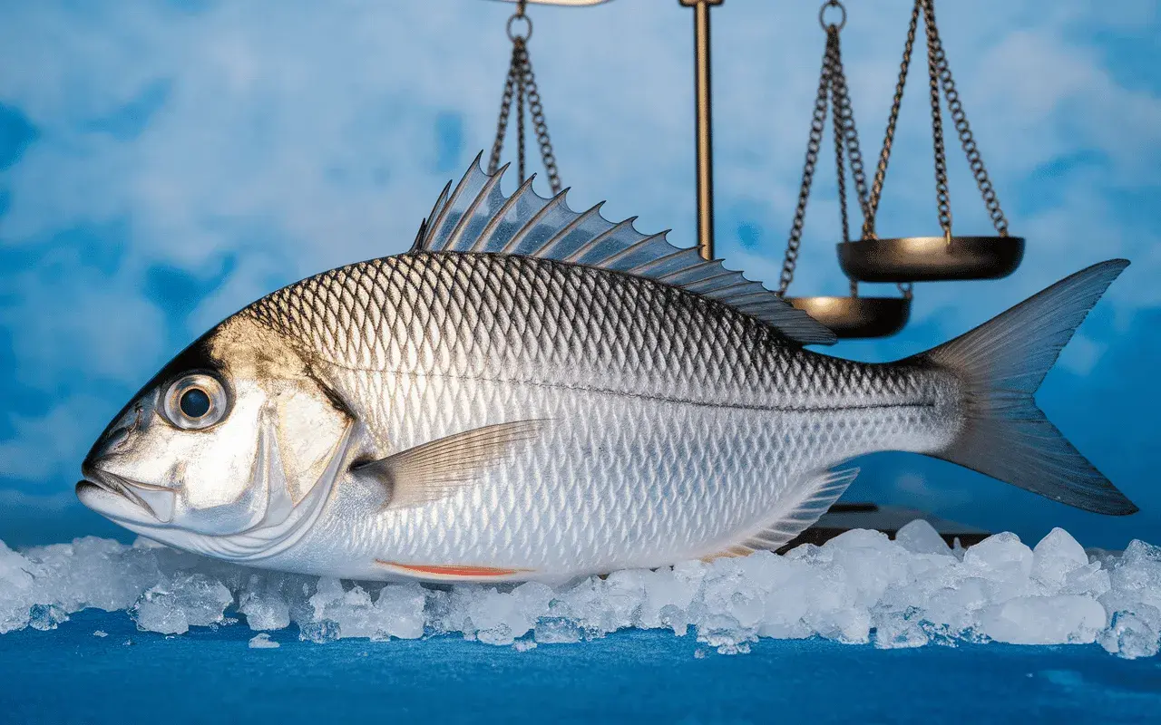 Une dorade au four, fraîchement pêchée, posée sur de la glace pilée, sous une balance dorée.