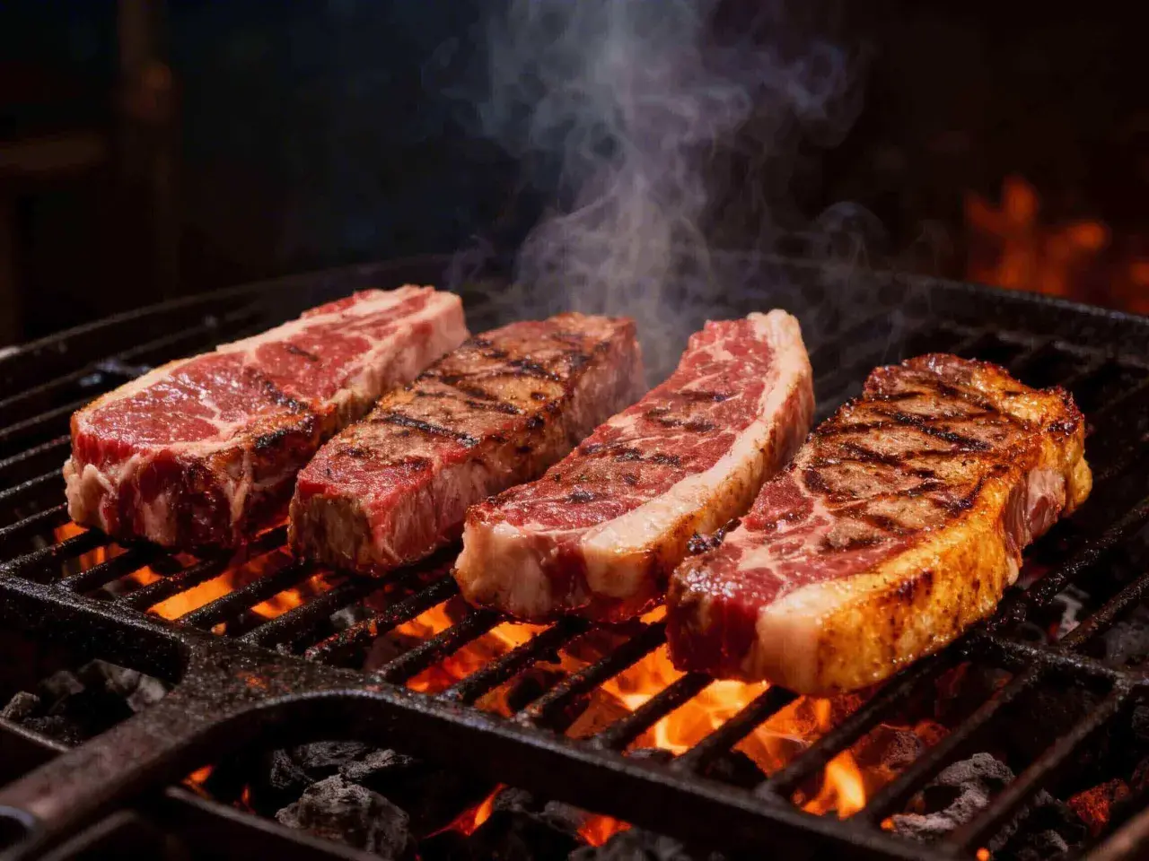 Quatre picanhas de boeuf juteuses grésillent sur un barbecue incandescent, dégageant une fumée alléchante.