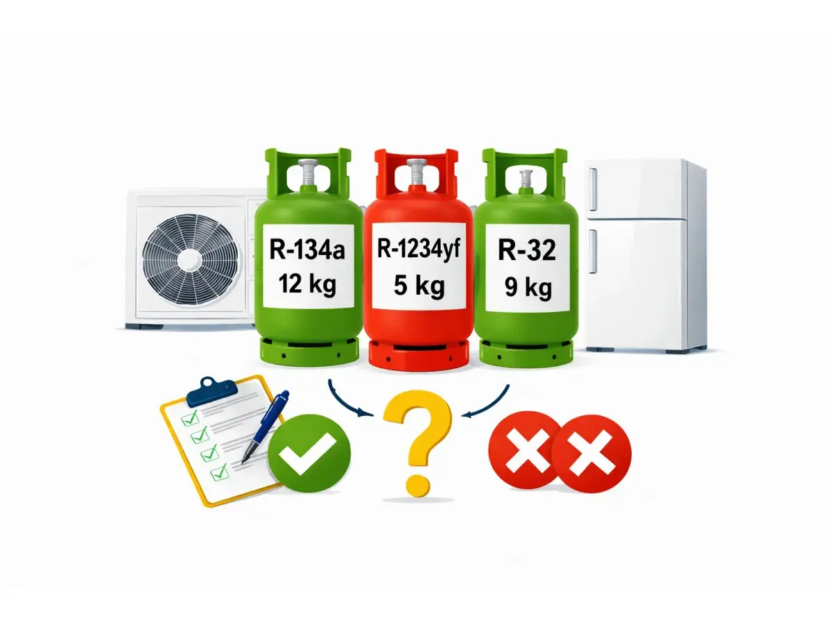 Trzy butle z czynnikiem klimatyzacji: R-134a, R-1234yf i R-32. Obok klimatyzator i lodówka. Pytajnik i symbole wyboru.