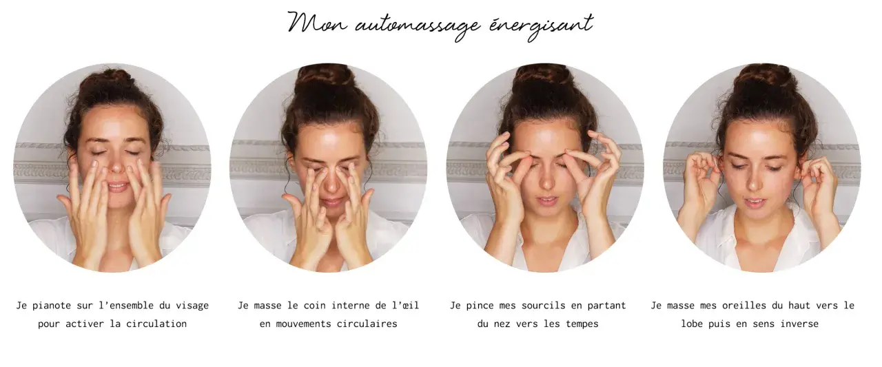 Quatre étapes d'une routine beauté : automassage du visage, des yeux, des sourcils et des oreilles pour un coup d'éclat.