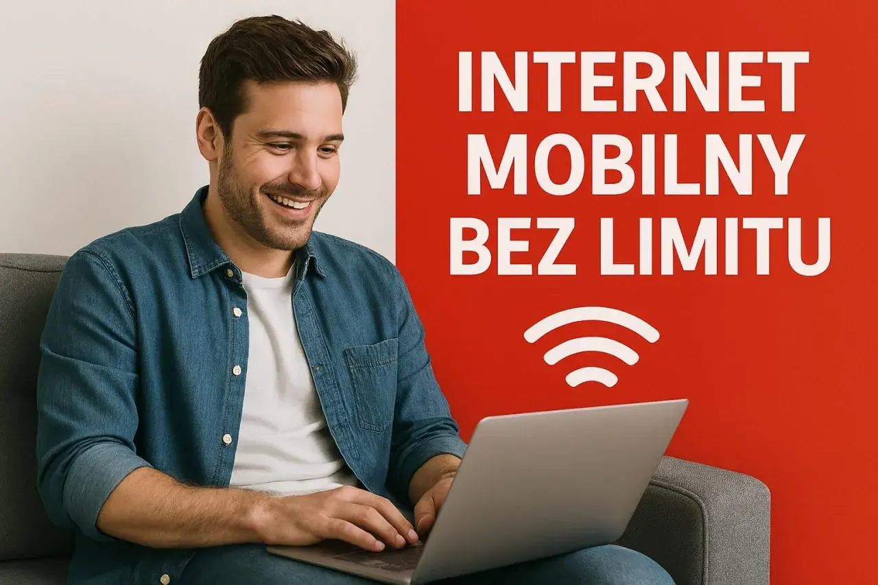 Uśmiechnięty mężczyzna z laptopem, cieszący się swobodą, jaki internet mobilny bez limitu.
