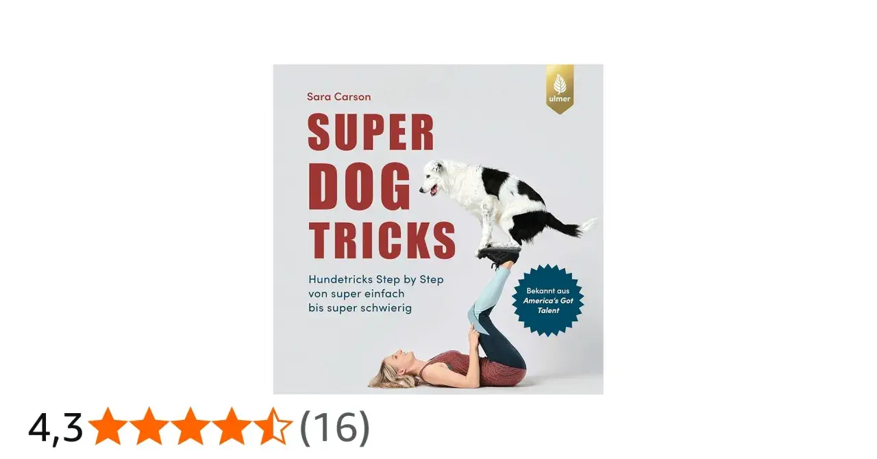 Buchcover "Super Dog Tricks" von Sara Carson. Ein Hund steht auf den Füßen einer Frau, die auf dem Rücken liegt. Die Anleitung verspricht Hundetricks von einfach bis super schwierig.