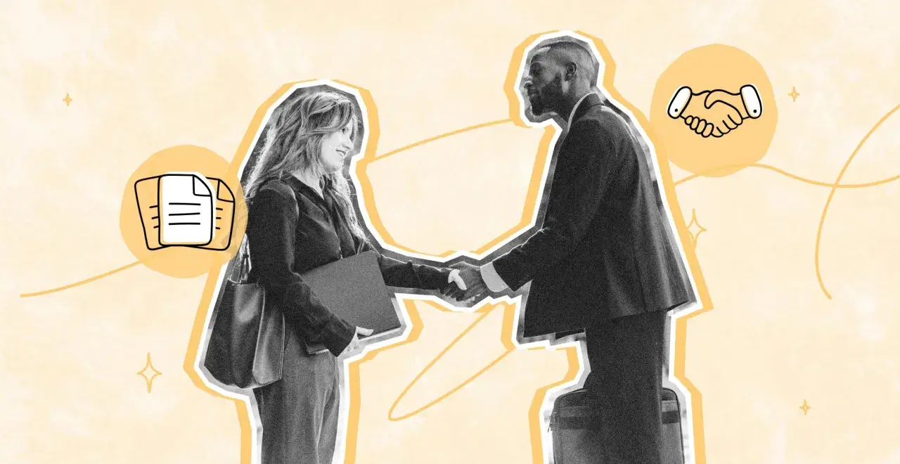Un hombre y una mujer se dan la mano, simbolizando la contratación electrónica. Iconos de documentos y apretón de manos refuerzan el concepto.