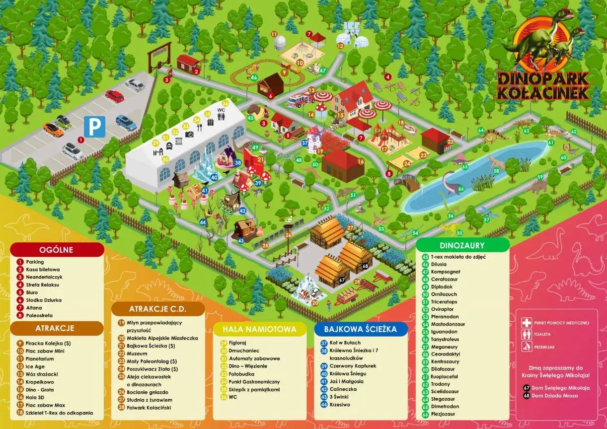 Mapa parku dinozaurów w Kołacinku. Znajdziesz tu parking, atrakcje, hale namiotowe i ścieżkę z dinozaurami.