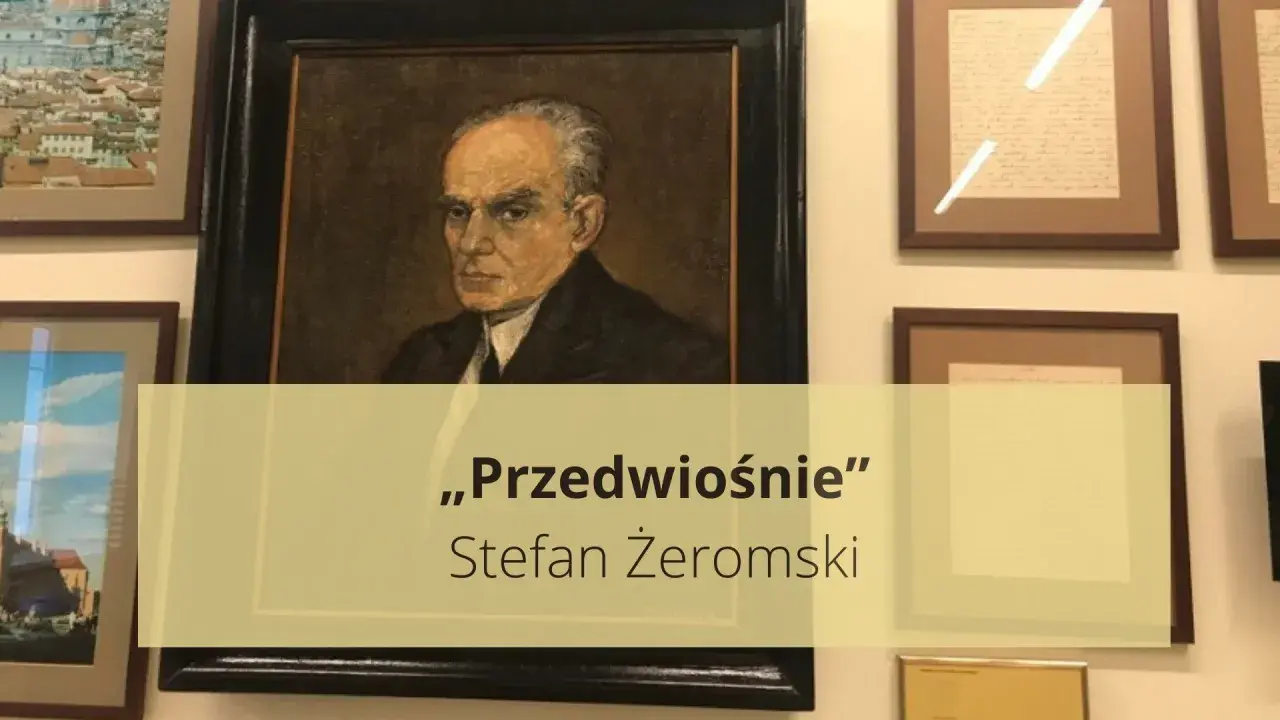Portret Stefana Żeromskiego na tle oprawionych dokumentów i obrazów.