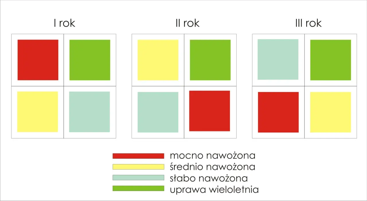 Płodozmian zbożowy-tabela: schemat zmian nawożenia i upraw przez 3 lata. Kolory oznaczają: mocno nawożona, średnio, słabo, uprawa wieloletnia.