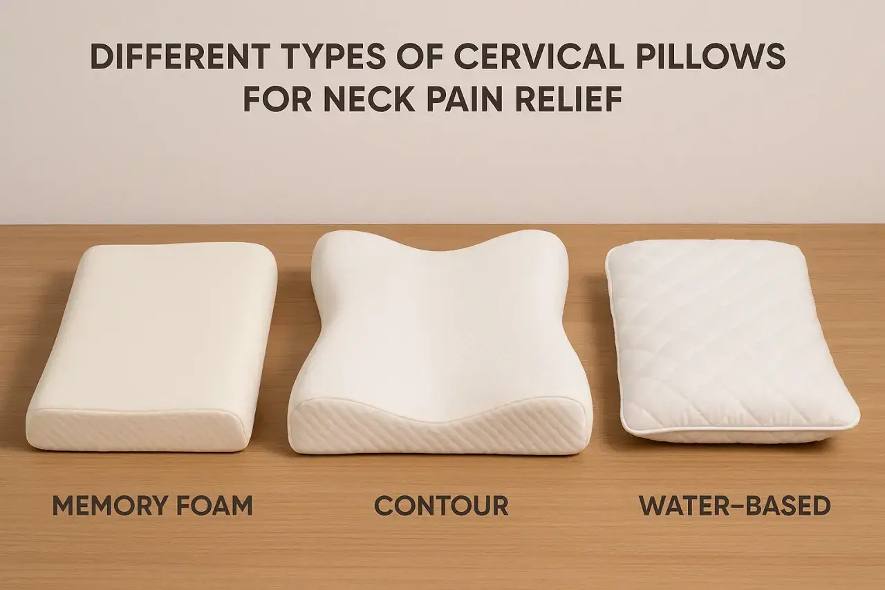 Three types of almohada para cervical for neck pain relief: memory foam, contour, and water-based.