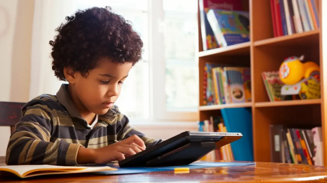 Ein Junge mit lockigem Haar lernt mit Bildungs-Apps auf einem Tablet. Im Hintergrund ein Bücherregal voller Bücher.