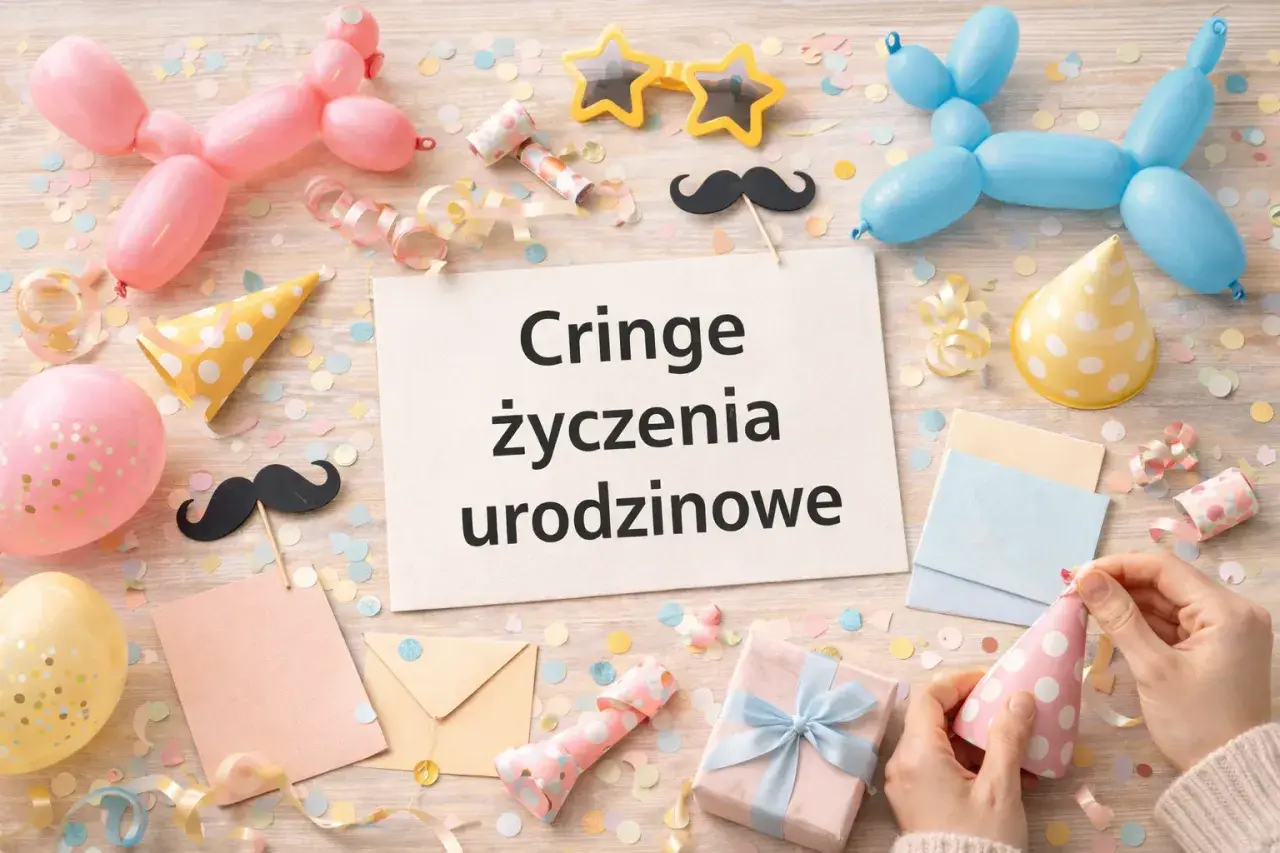 Urodzinowe dekoracje, balony i konfetti. Na kartce napis: "Cringe życzenia urodzinowe". Idealne na śmieszne wierszyki dla dorosłych.