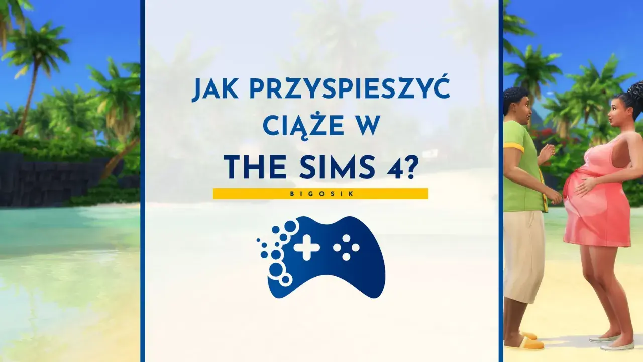 Jak przyspieszyć ciążę w The Sims 4? Ciężarna Simka i jej partner na tropikalnej plaży.