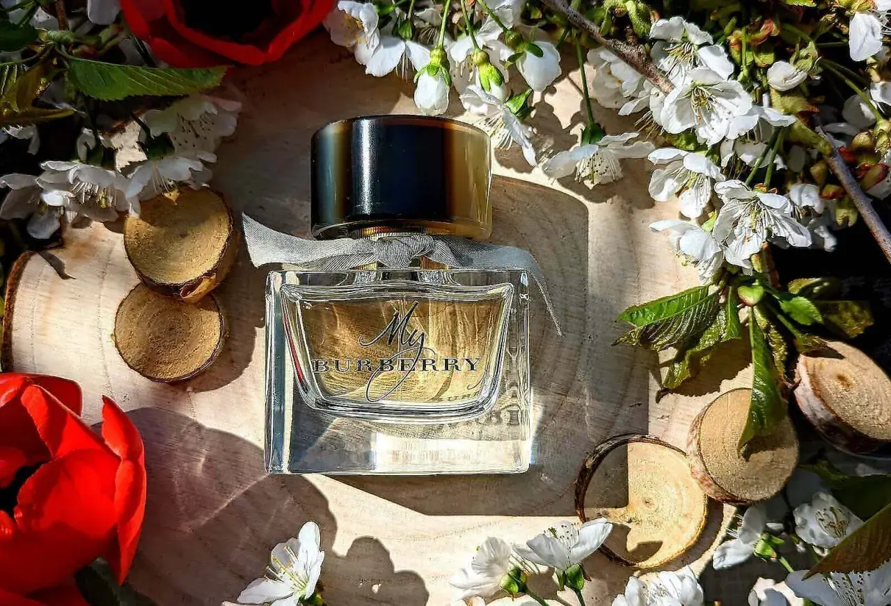 Perfumy My Burberry w eleganckiej, szklanej butelce, otoczone kwitnącymi gałązkami i czerwonymi kwiatami.