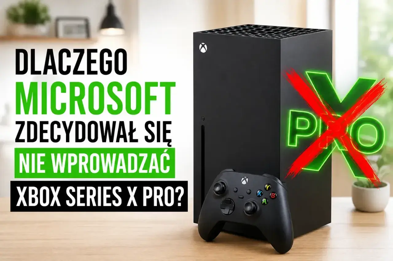 Czarna konsola Xbox Series X i kontroler na drewnianym stole. Napis "DLACZEGO MICROSOFT ZDECYDOWAŁ SIĘ NIE WPROWADZAĆ XBOX SERIES X PRO?" z przekreślonym neonowym napisem "PRO".
