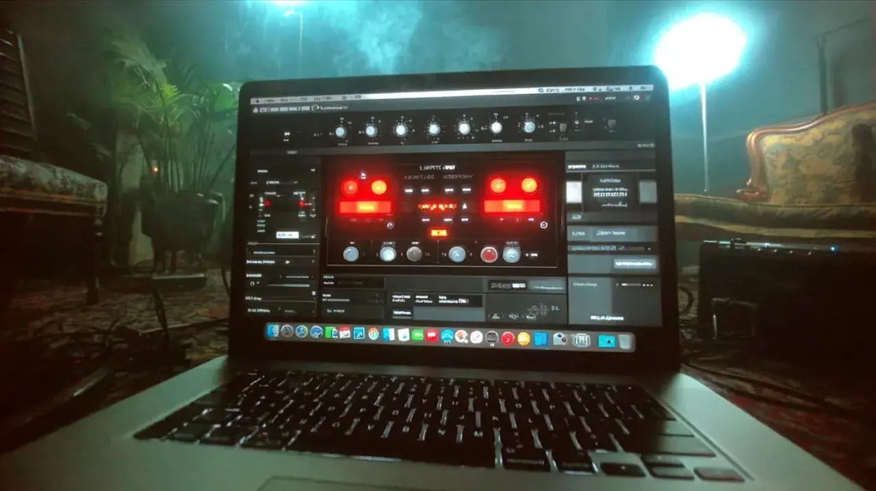 Laptop screen displays a vocal chorus plugin interface, with glowing red knobs and sliders, set in a dimly lit room with plants and furniture.