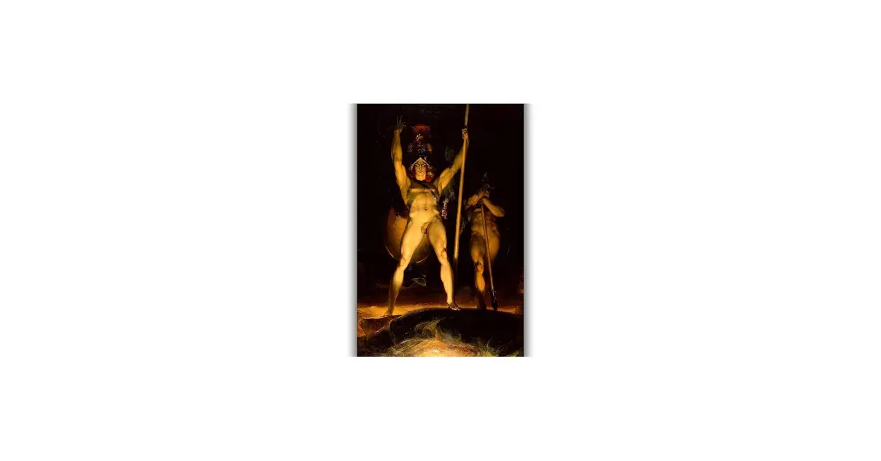 A powerful figure, perhaps Satan summoning his legions, stands with arms raised, holding a spear. Another figure stands behind him.