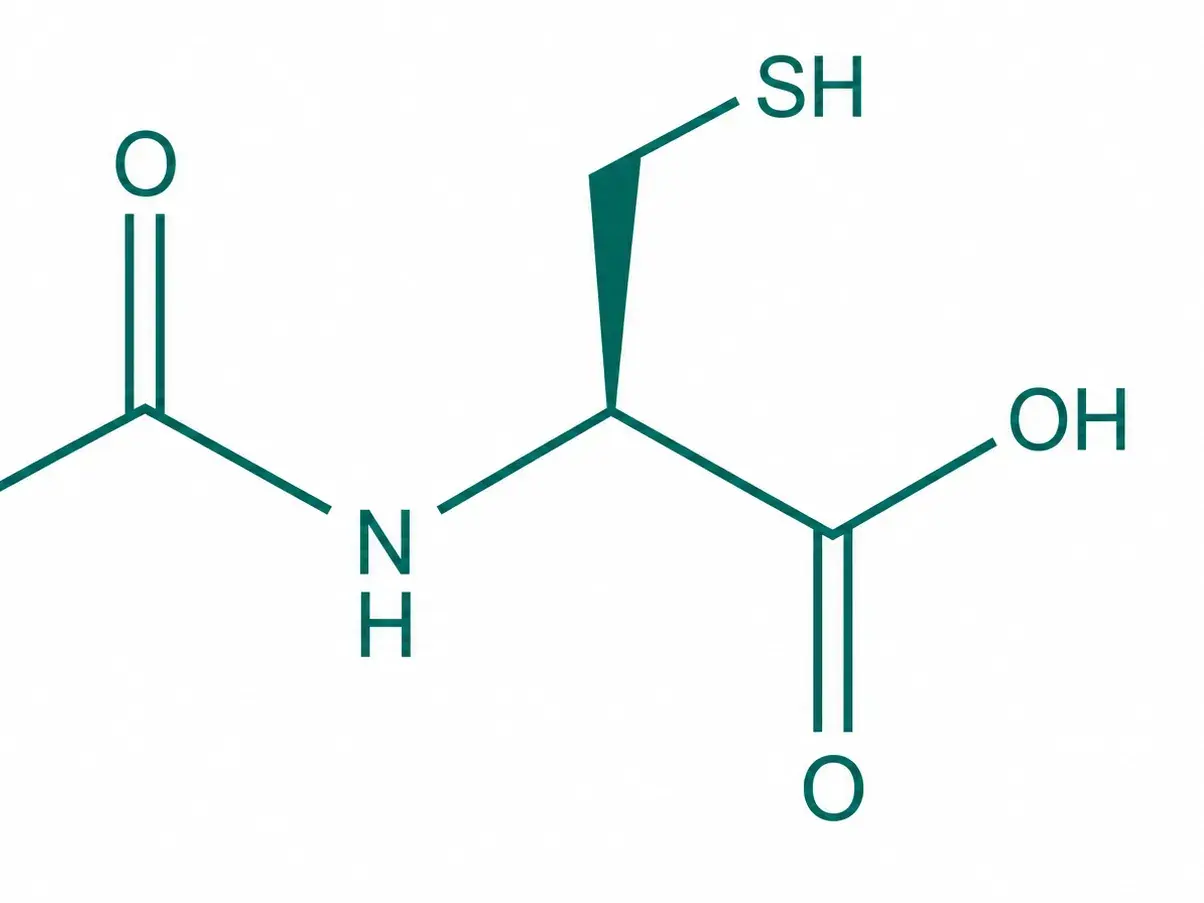 Chemische Strukturformel von N-Acetylcystein (NAC). Die NAC Supplement Wirkung wird oft mit antioxidativen Eigenschaften in Verbindung gebracht.