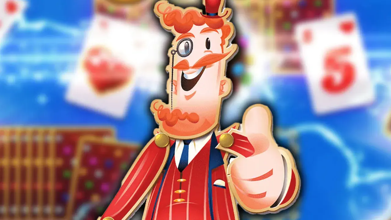 Postać z gry Candy Crush Saga z kciukiem w górę, w tle karty do gry.