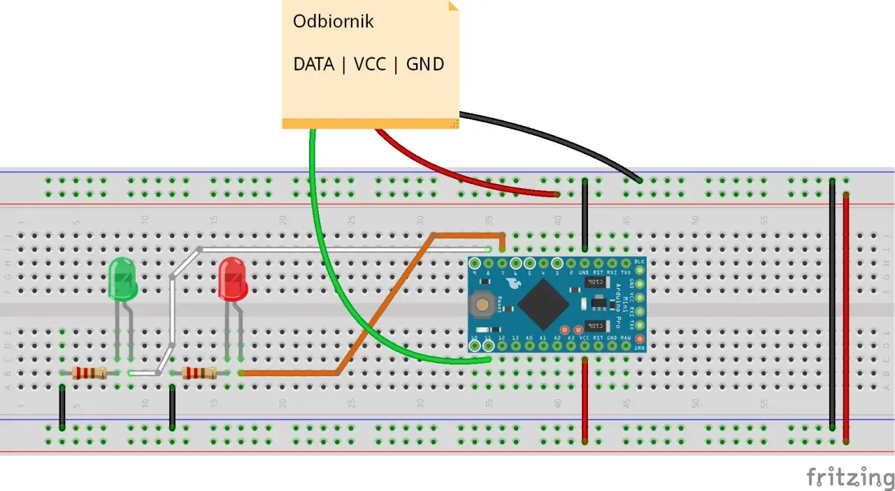 Układ z Arduino Mini i odbiornikiem 433MHz na płytce stykowej, z diodami LED i rezystorami.