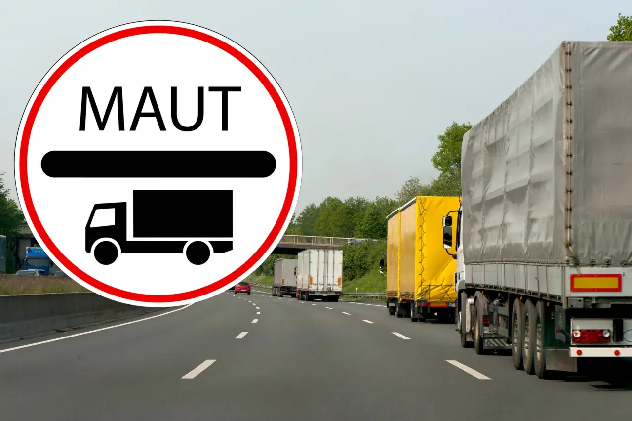Znak MAUT informuje o opłatach drogowych w Niemczech dla pojazdów do 7,5 tony. Na autostradzie widać sznur ciężarówek.