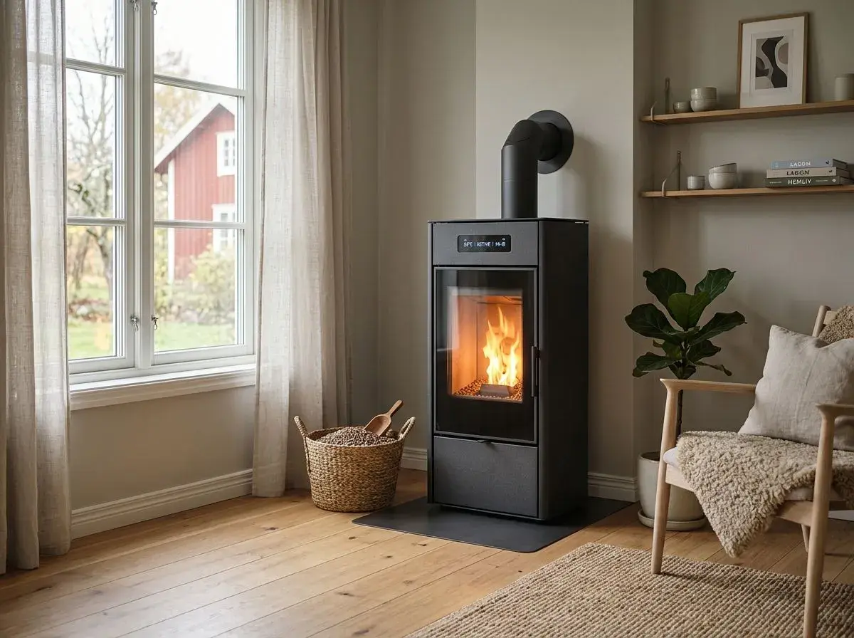 En modern pelletskamin med flammor som lyser upp rummet. Bredvid står en korg fylld med pellets, redo för en mysig kväll. Tänk på pelletskamin pris för en varm och effektiv uppvärmning.
