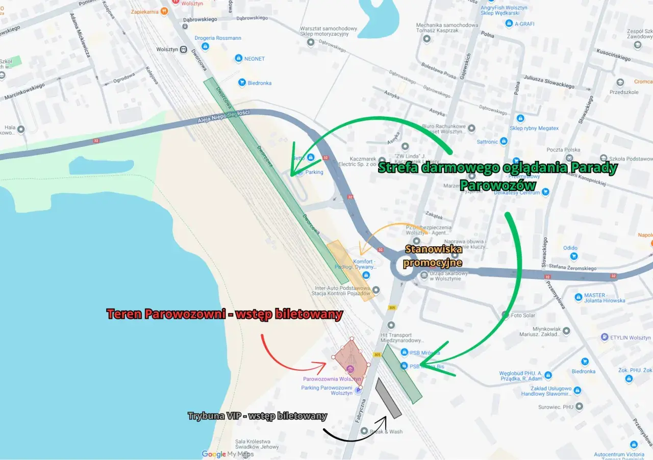 Mapa z zaznaczonymi trasami i strefami wokół parowozowni w Wolsztynie.