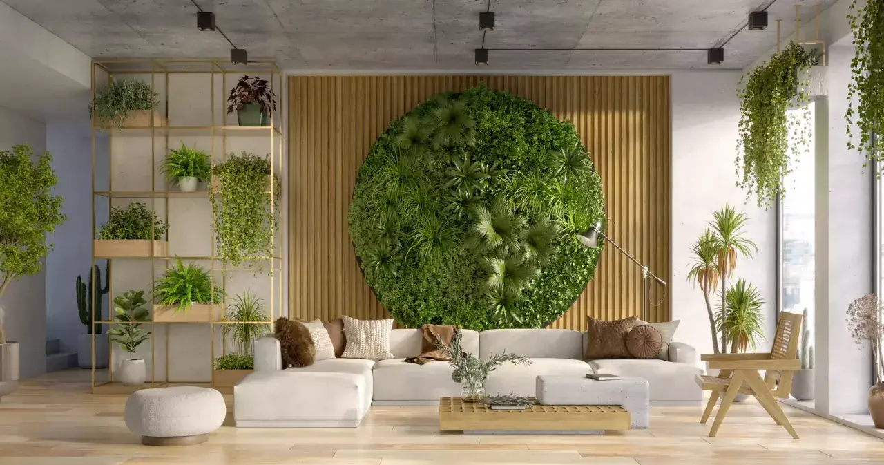 Un salon moderne avec un mur végétal circulaire, des étagères remplies de plantes et un canapé blanc. Ce design biophilique invite la nature à l'intérieur.