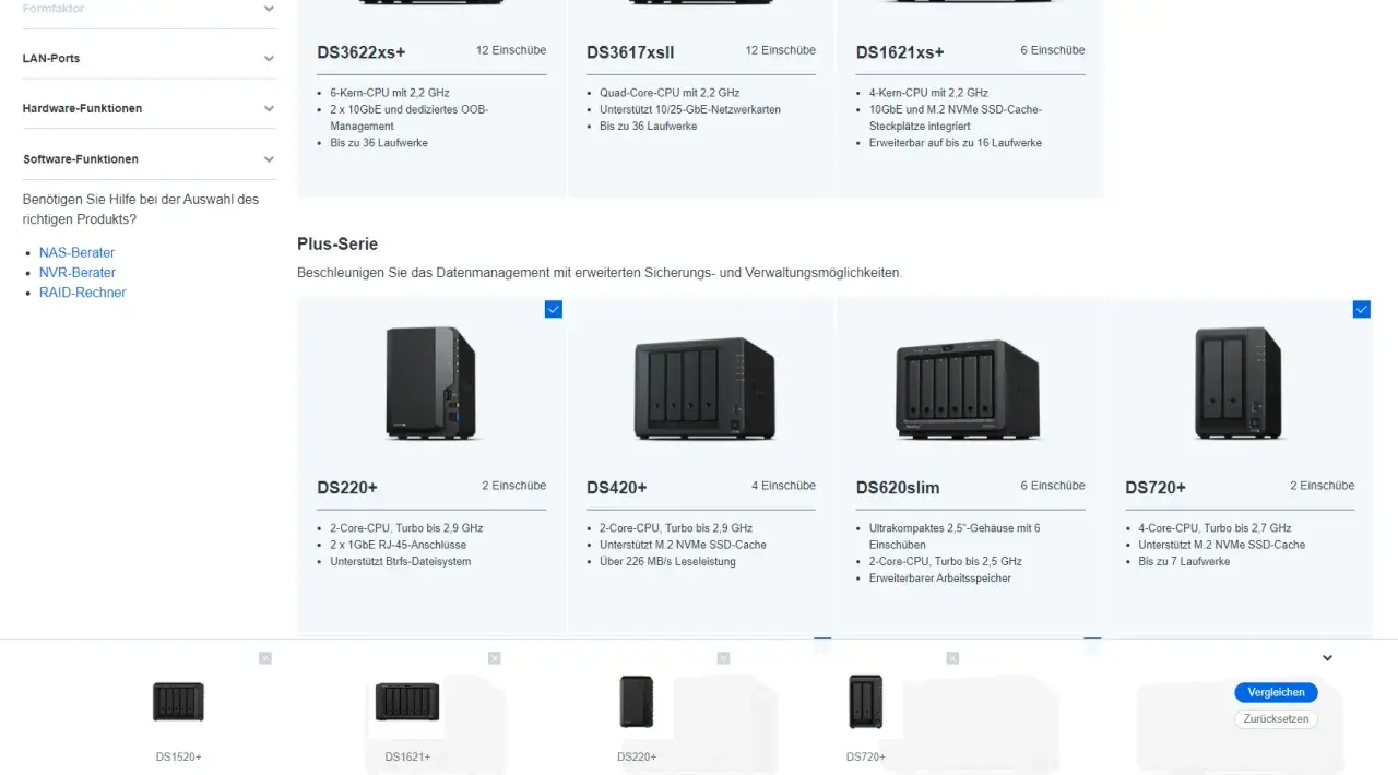 NAS-Hersteller-Übersicht: Mehrere NAS-Geräte wie DS220+, DS420+ und DS720+ werden gezeigt.