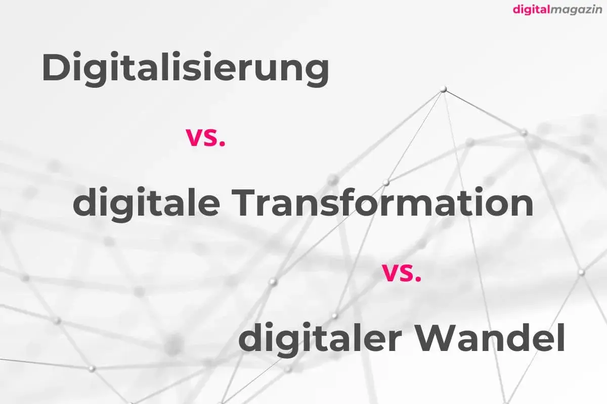 Digitalisierung vs. digitale Transformation und digitaler Wandel. Abstrakte Netzwerkgrafik im Hintergrund.