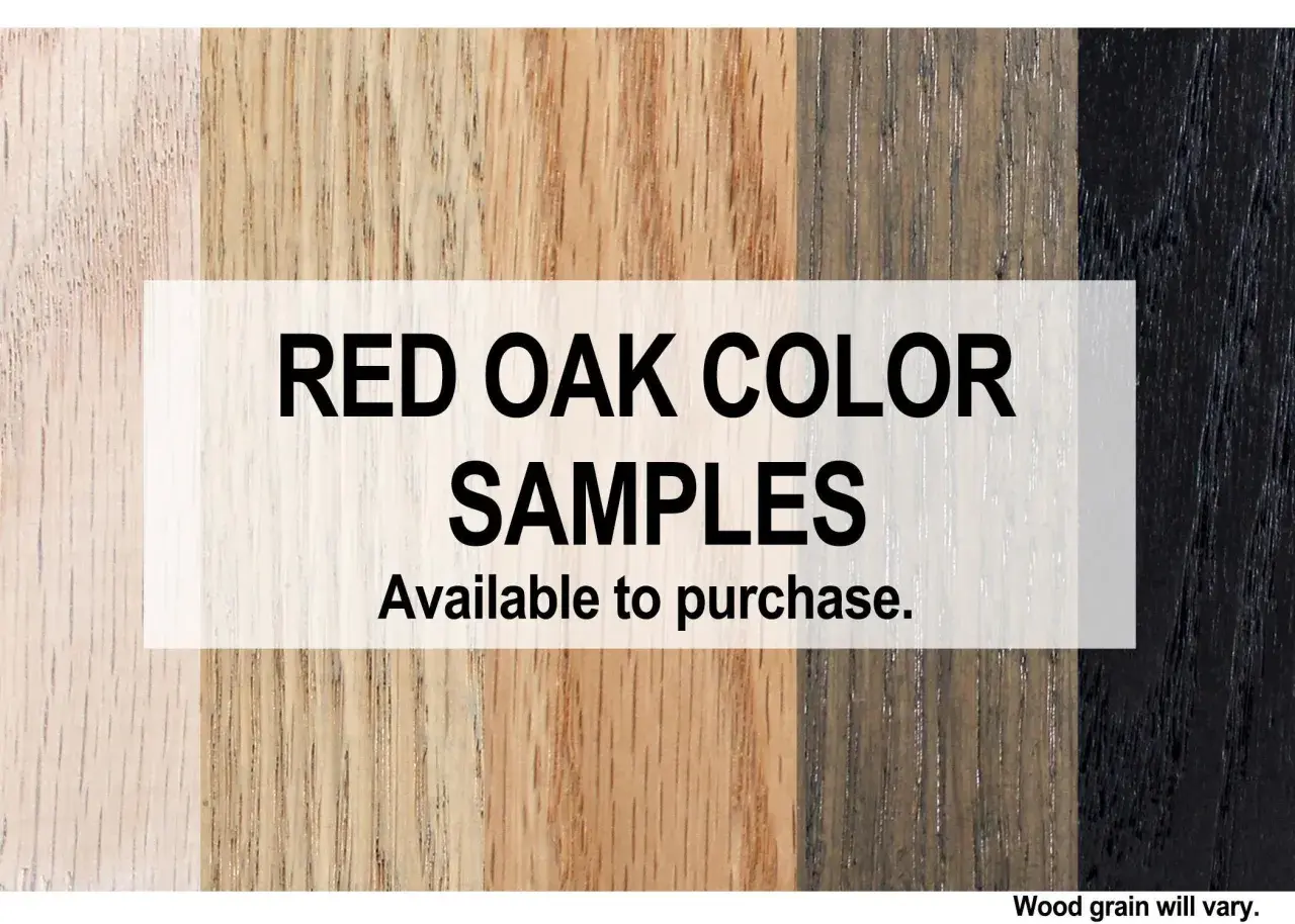 Muestras de color de roble rojo, incluyendo tonos naturales y teñidos. La madera roja natural es visible en varios tonos.