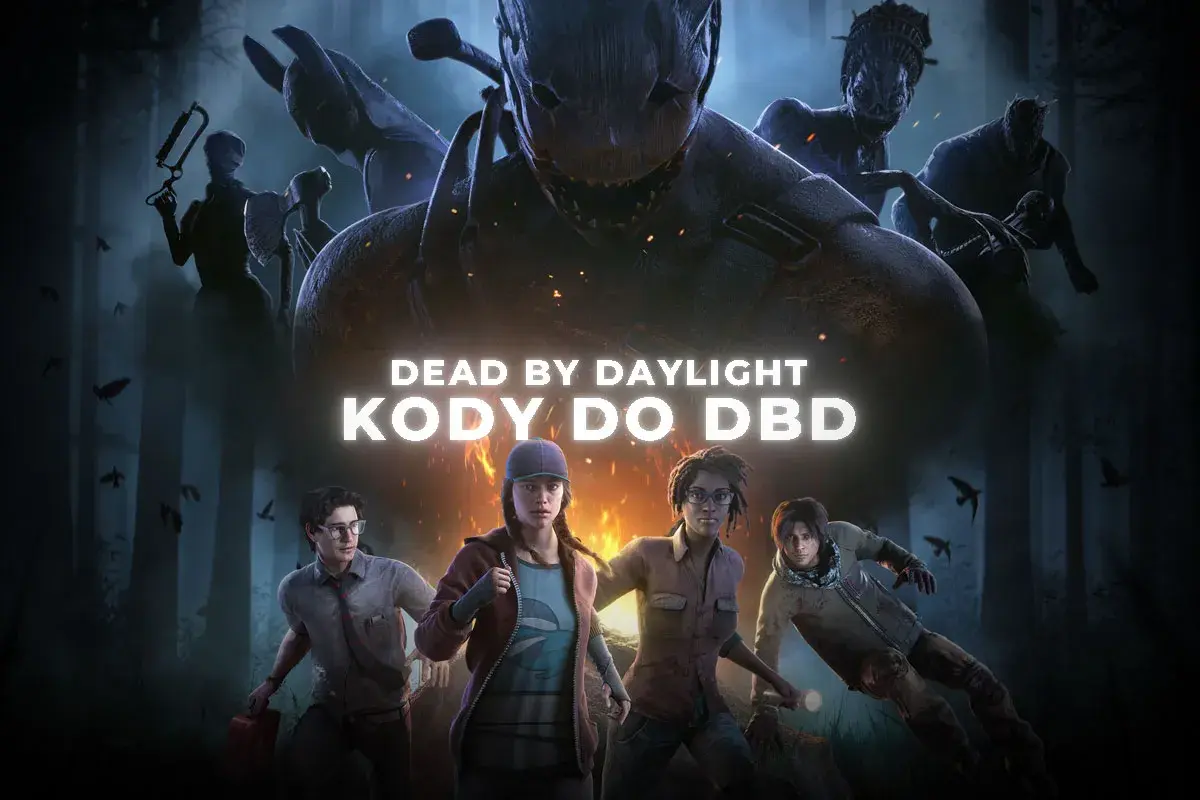 Cztery postacie z gry Dead by Daylight uciekają przed potworami. Na ekranie widnieje napis "KODY DO DBD".