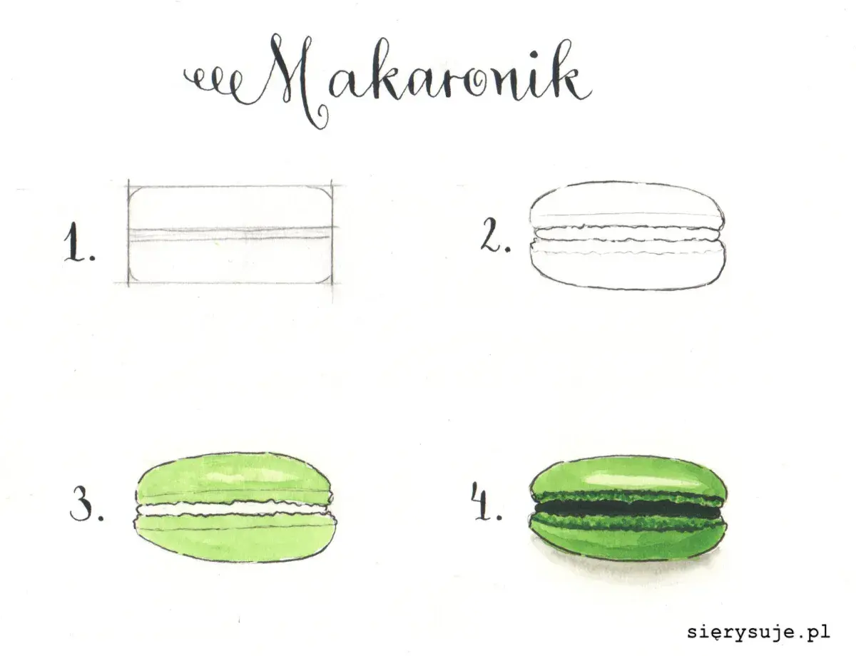 Ilustracja przedstawia 4 etapy rysowania makaronika: szkic, kontur, kolorowanie i gotowy makaronik.