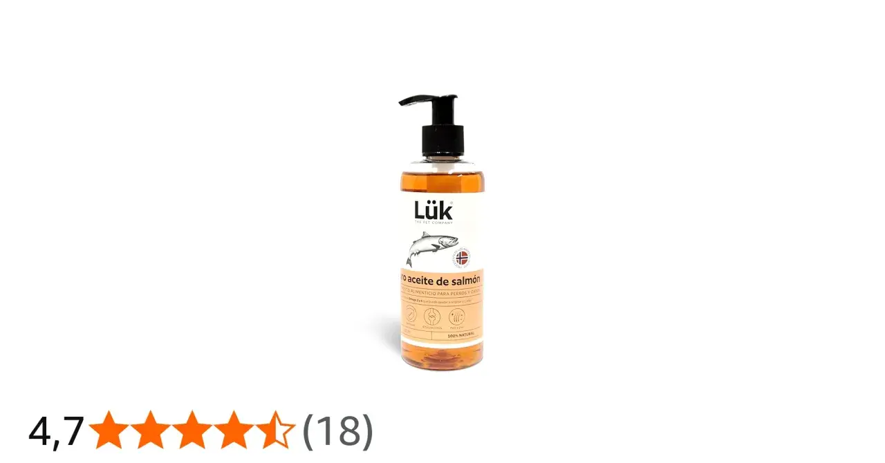 Botella de aceite de salmón Lük para perros y gatos. Ideal para la dosis diaria de Omega 3 y 6, cuidando pelo y articulaciones.