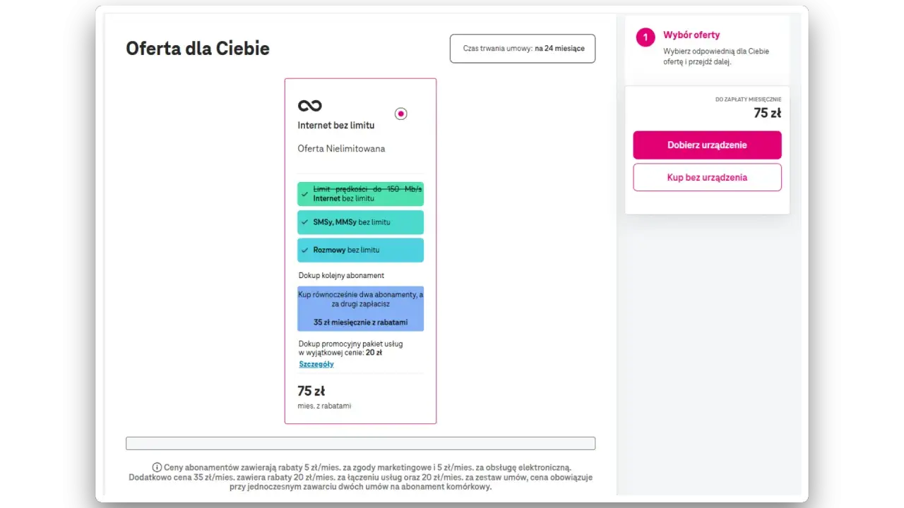 T-Mobile oferta dla stałych klientów: nielimitowany internet, SMS, MMS i rozmowy za 75 zł miesięcznie. Umowa na 24 miesiące.