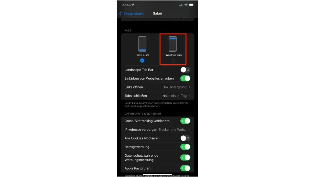 Safari-Einstellungen: Einzelner Tab ist ausgewählt. Die safari suchleiste oben ist hier nicht sichtbar.
