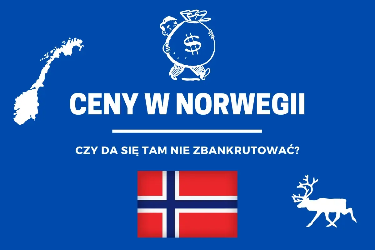 Ceny w Norwegii. Czy da się tam nie zbankrutować? Mapa Norwegii, worek pieniędzy, flaga i renifer.