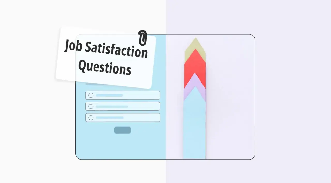 Diseño de cuestionarios de satisfacción laboral con opciones de respuesta y flechas de progreso de colores.