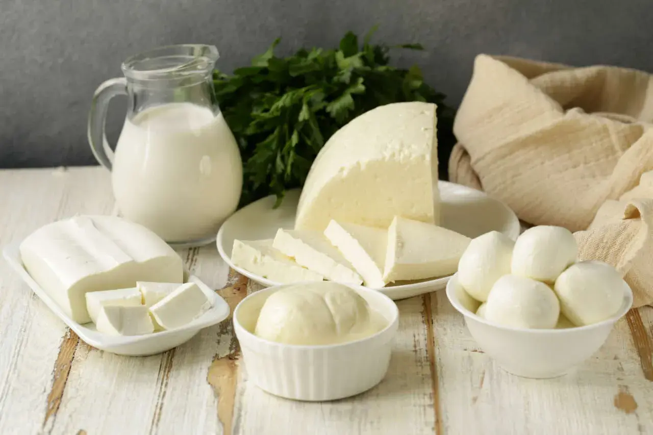 Varietà di formaggi freschi e latte. Attenzione, la robiola fa ingrassare se consumata in eccesso.