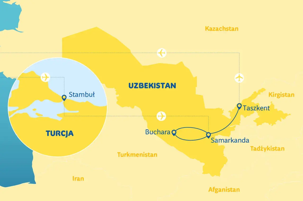 Mapa pokazuje trasę podróży z Turcji do Uzbekistanu, z zaznaczonymi miastami: Stambuł, Taszkent, Samarkanda i Buchara. To świetny plan, co zobaczyć w Uzbekistanie!