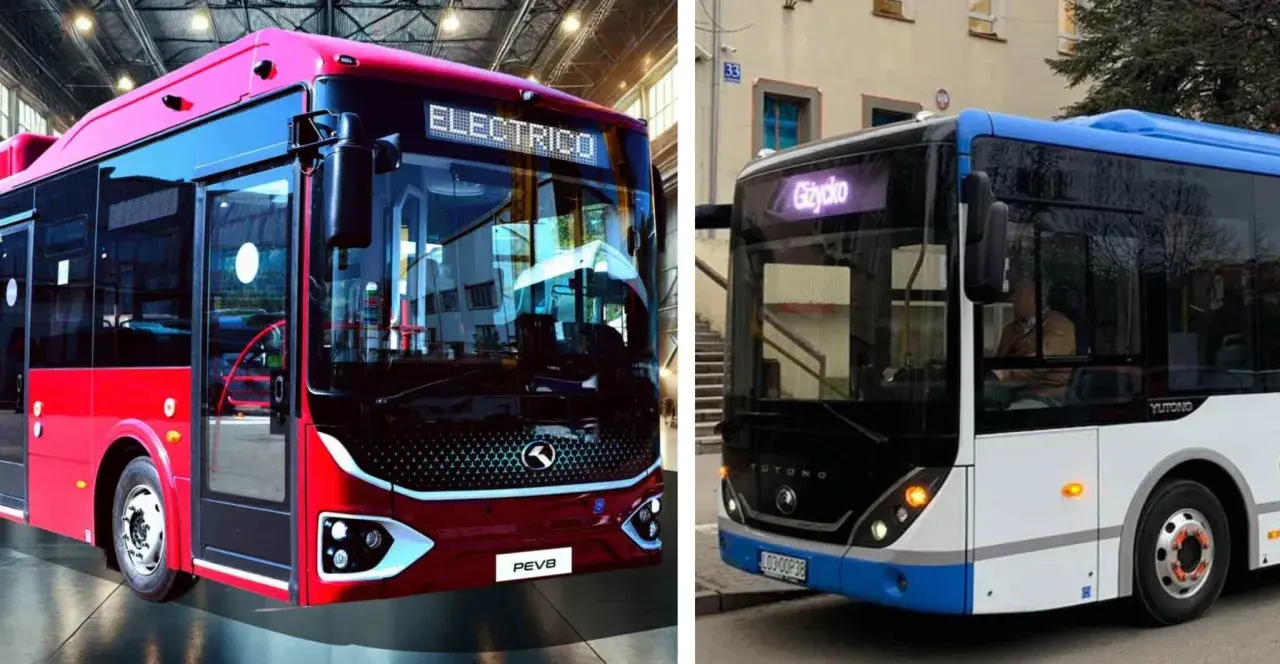 Dwa autobusy, jeden czerwony z napisem "ELECTRICO", drugi biało-niebieski z napisem "Giżycko". Może jeden z nich pojedzie z Krakowa do Bochni?